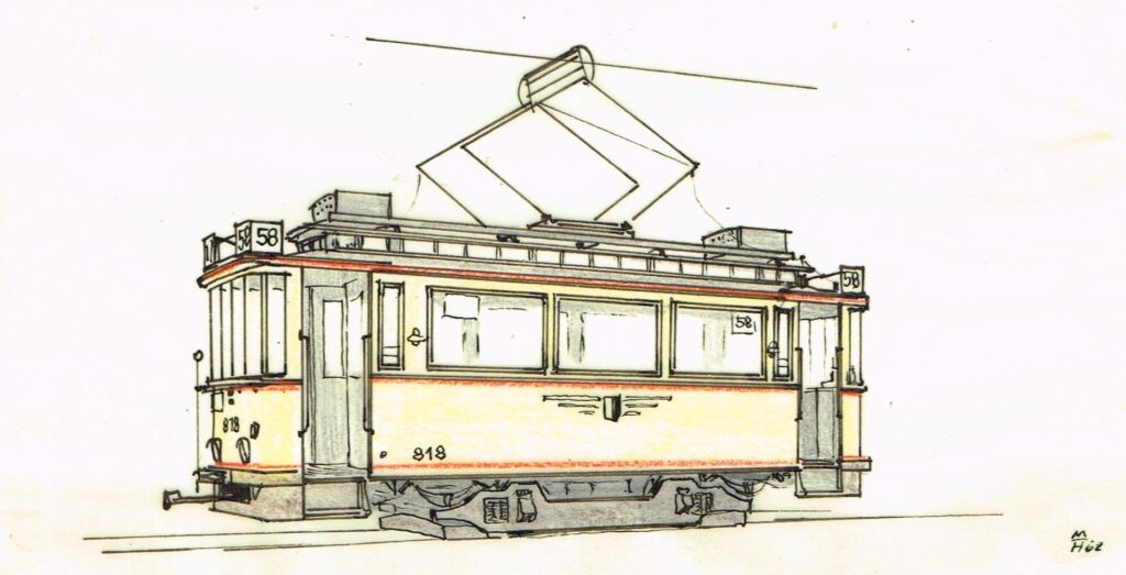 Maximilliam Hesse, geboren in Dresden und verstorben in Krefeld, zeichnete neben vielen anderen Fahrzeugen der Dresdener Straßenbahn auch den TW 818 II im Jahre 1962, vermutlich anhand von Fotos. Ein hellbrauner Farbton für die Zierlinien ließ sich bei der Restaurierung nachweisen. (Maximilliam Hesse, Slg. Trendelenburg)