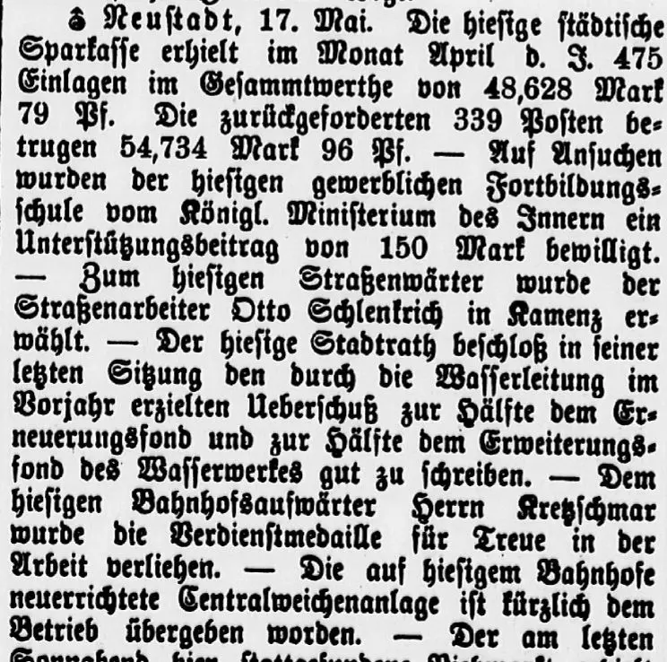 Artikel aus einer Ausgabe des Blattes "Der Sächsische Erzähler" vom 21. Mai 1901, in dem über die Inbetriebnahme der "Centralweichenanlage" berichtet wurde (gefunden von M. Herzog)